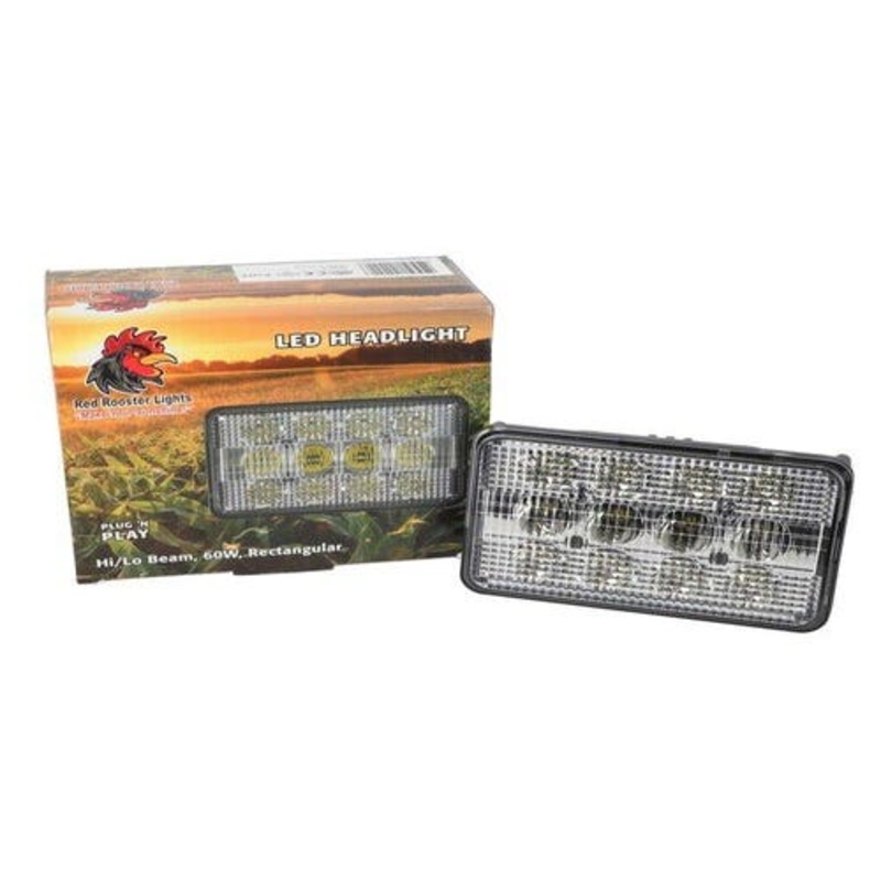 Red Rooster LED Headlight - 60W Rectangular Hi/Lo Beam fits John Deere 4560 4760 4960 9400 RE65223 fits White 30-3227332 fits Allis Chalmers 72162190