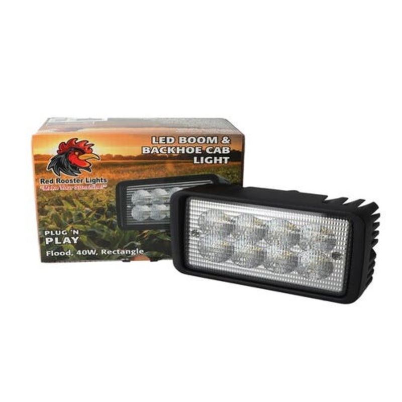 Red Rooster LED Boom Light & Backhoe Cab Light - Rectangle Flood beam fits John Deere 110 120 790D AT165110 fits Case 398846A2 fits Hitachi 4326800